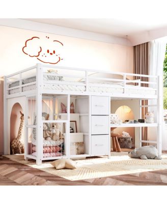 Twin Metal Low Loft Bed with Desk, Bookshelf, Drawer and Storage