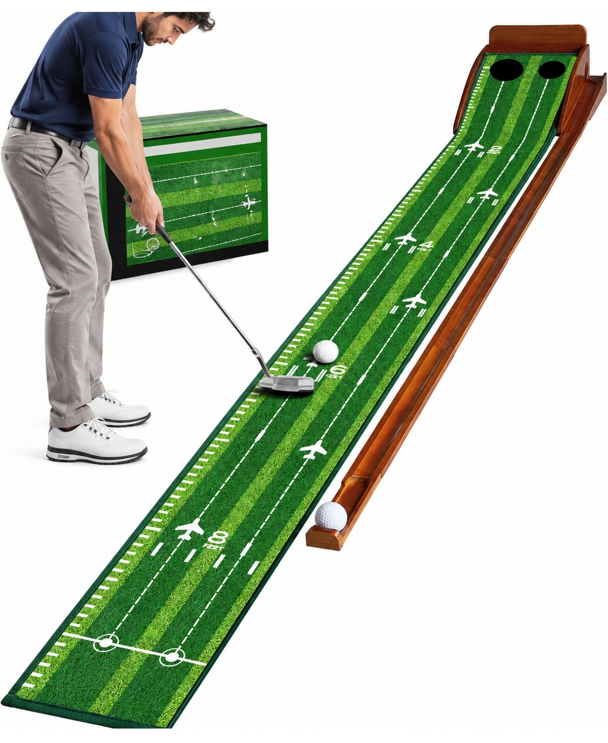 Peneyon Indoor Golf Putting Mat Automatic Ball Return Wrinkle Free Realistic Speed Solid Wood - Brown green