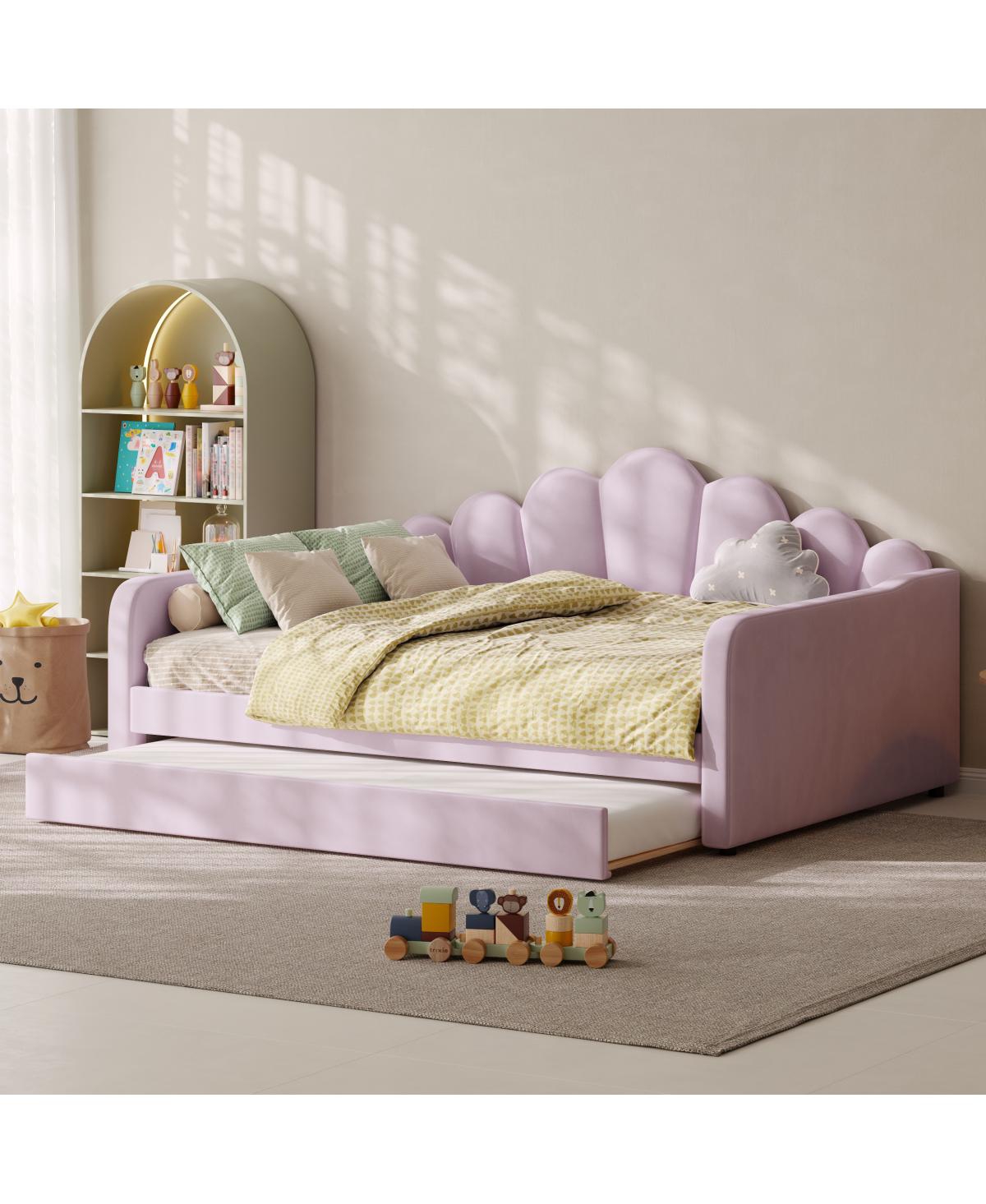 Streamdale Furniture Queen Velvet Daybed with Trundle and Shell Backrest - Pink