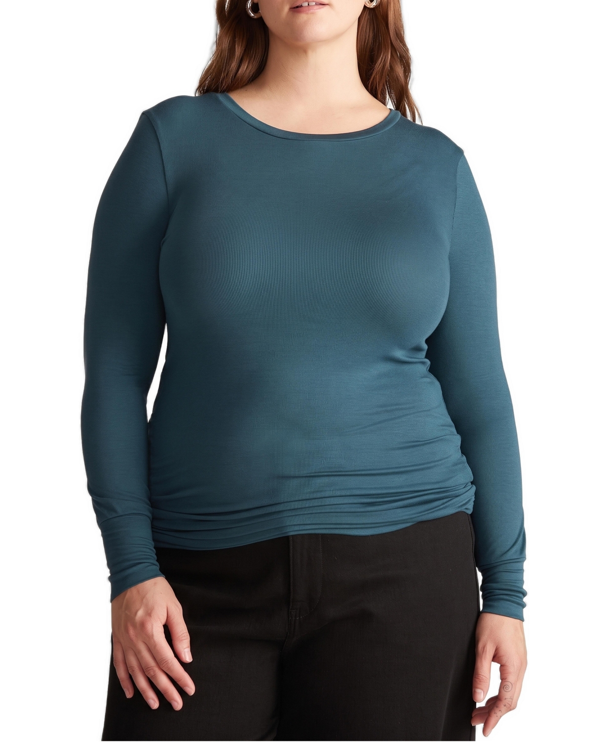 Universal Standard Plus Size Foundation Fitted Fine-Ribbed Long-Sleeve Crewneck Tee - Deep sea