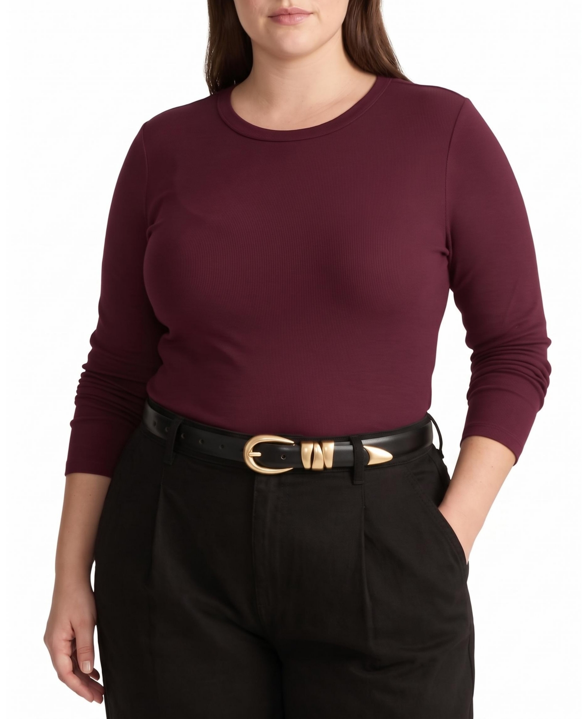 Universal Standard Plus Size Foundation Fitted Fine-Ribbed Long-Sleeve Crewneck Tee - Black cherry
