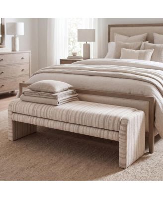 Striped Upholstered Ottoman Bench, Warm Cream Fabric Accent Bench