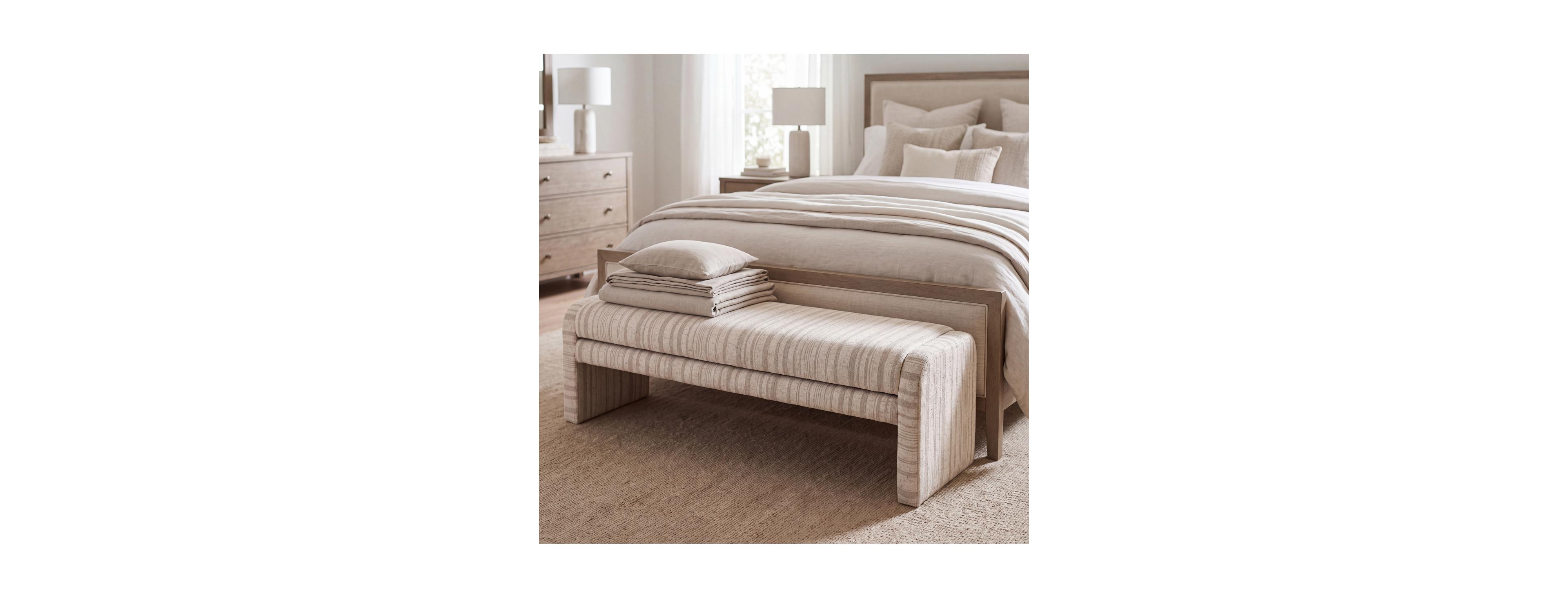 Streamdale Furniture Striped Upholstered Ottoman Bench, Warm Cream Fabric Accent Bench