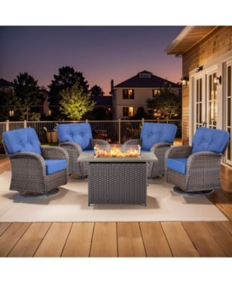 5-Piece Outdoor Furniture Set with Fire Pit Table, 4 Swivel Patio Chairs and 5" Comfy Cushions for Deck Porch Backyard