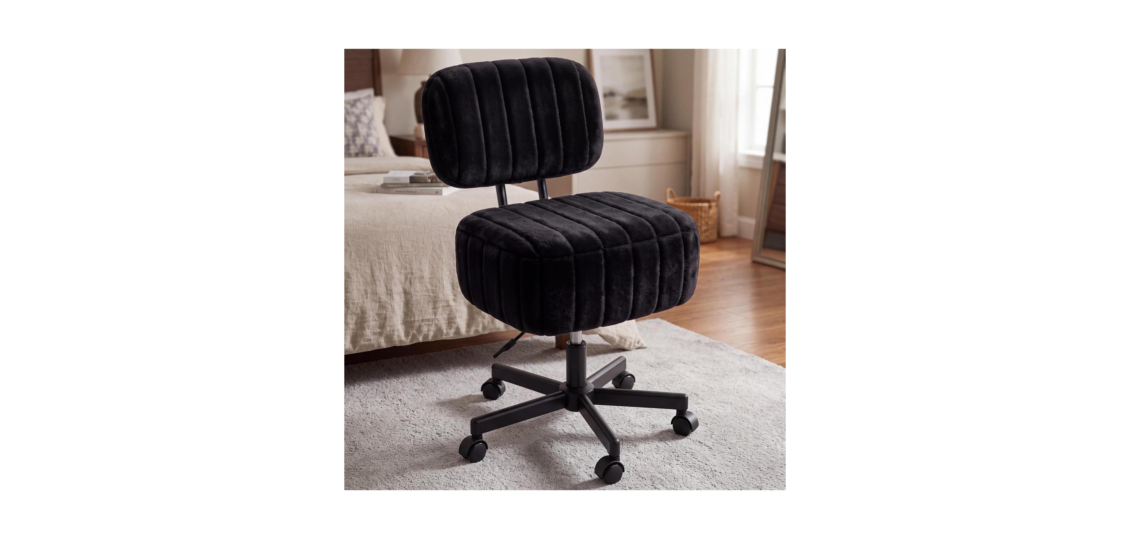 homfan Adjustable Height Swivel Vanity Chair with Backrest, Vertical Channel Tufted Velvet Makeup Stool Rolling Caster Base