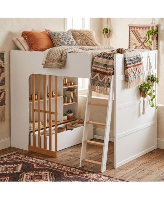 Full Size Wooden Loft Bed with Shelves and Ladder