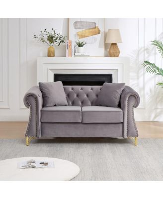 58.5" Velvet Chesterfield Sofa with Rolled Arms and Nailhead Trim