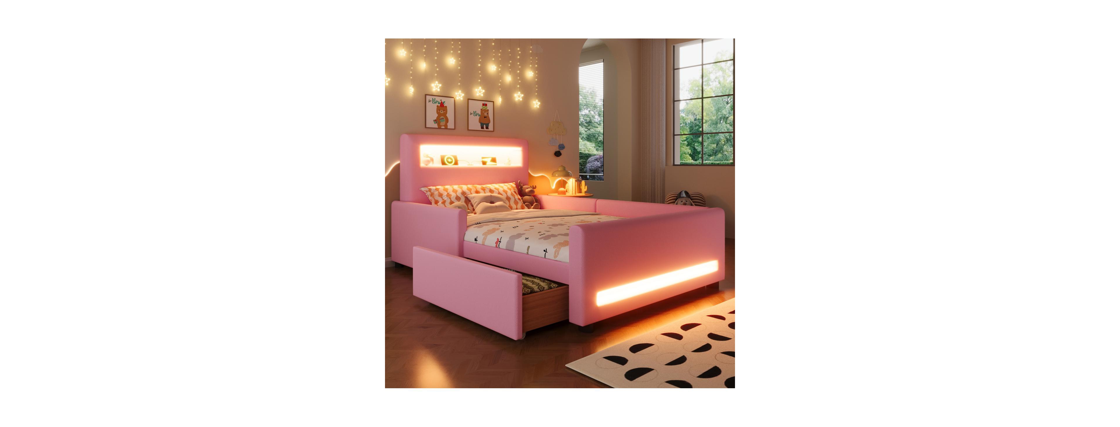 Streamdale Furniture Twin Size upholstered platform bed with drawer, Led light strip, Usb port