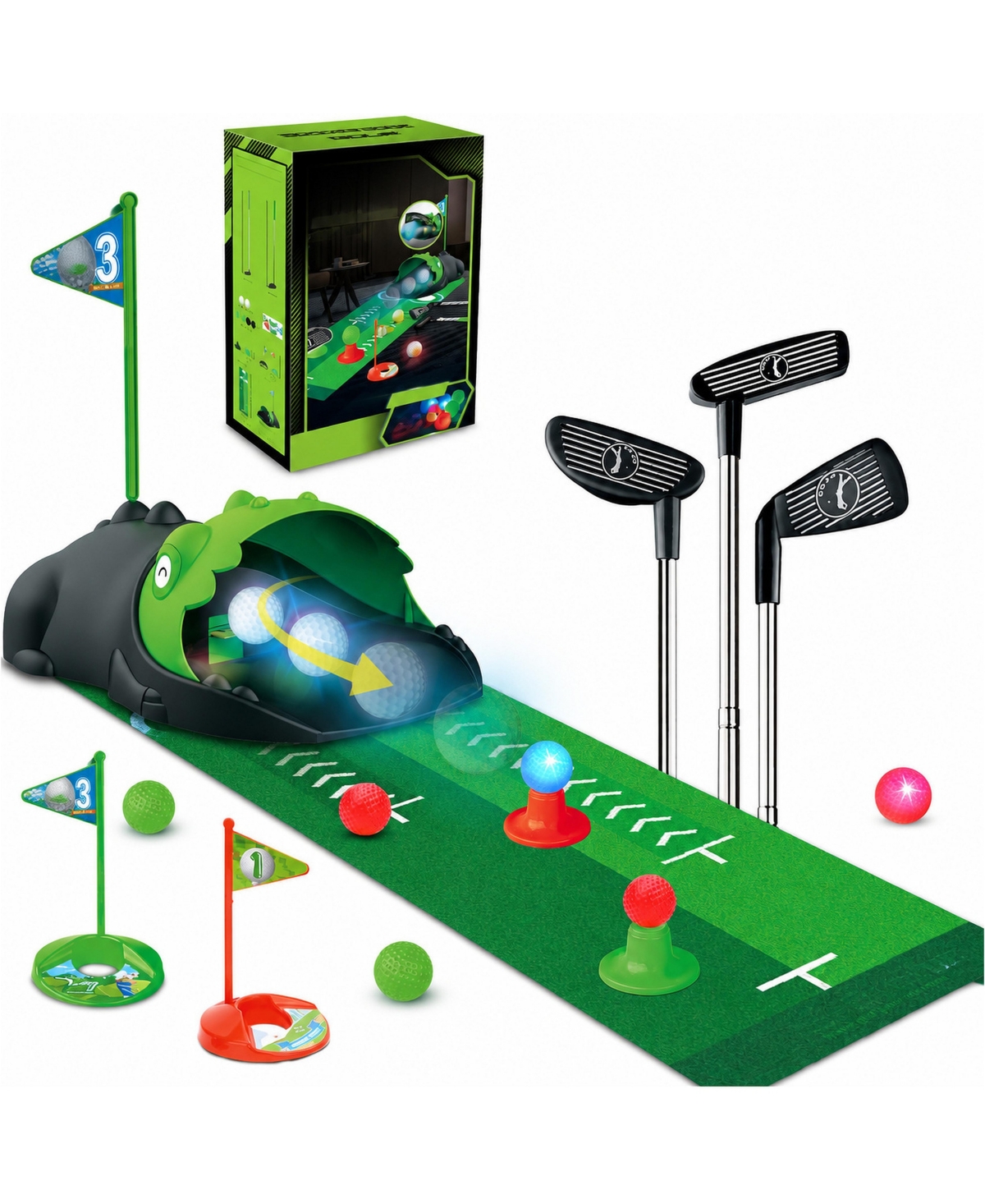 Peneyon Upgraded Kids Golf Set Dinosaur Automatic Ball Returner Led Light Up Balls 3 Adjustable Clubs Putting Mat 3-8 Mini Games Indoor Outdoor Play -