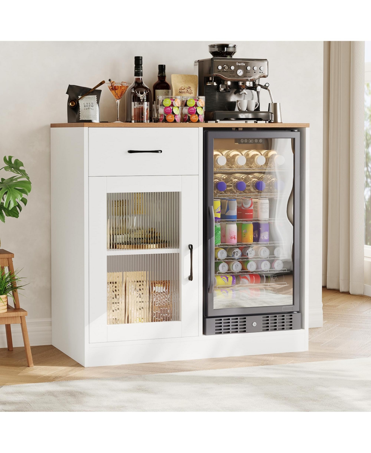 homfan 39.37 Inch Wood and Acrylic Modern Wine Bar Cabinet with Power Station and Mini Fridge Compartment - White