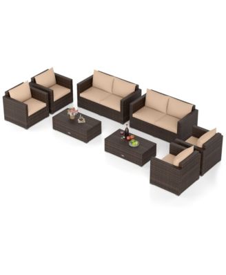 8 Pieces Patio Rattan Wicker Conversation Set With Padded Cushion and Coffee Table