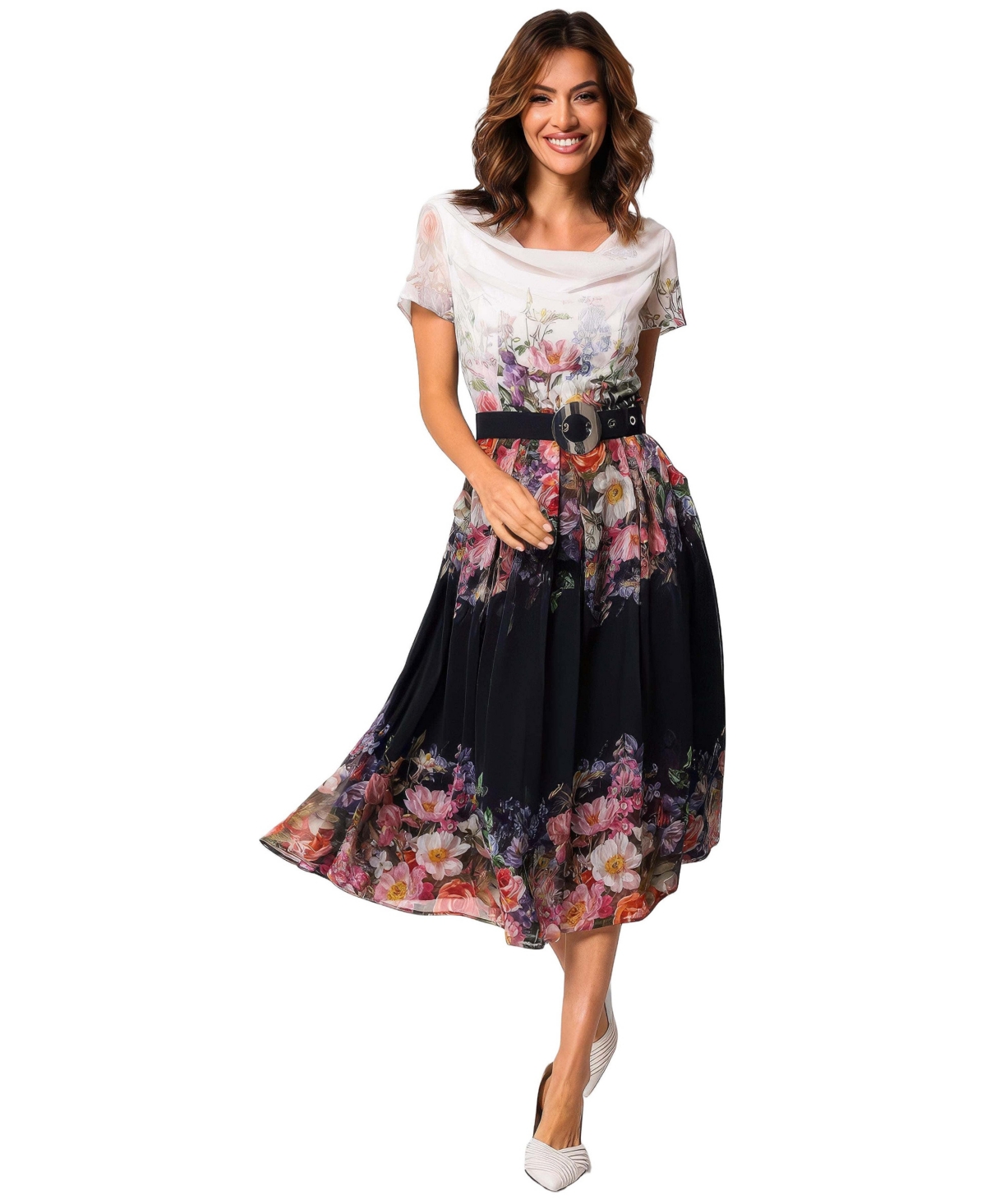 Luna Fashion House Women's Julia Floral-Print A-Line Belted Midi Dress
