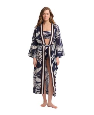 Women's Long-Sleeve V-Neck Tropical Kimono Cover-Up
