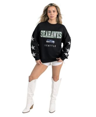 Women's Black Seattle Seahawks Velocity Relaxed Rhinestone Pullover Sweatshirt