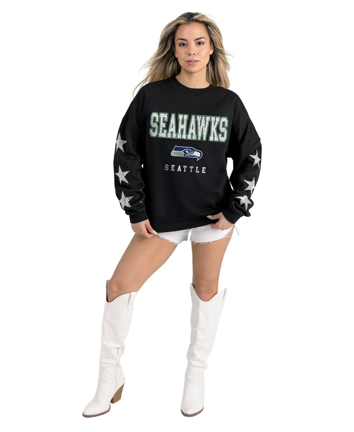 Gameday Couture Women's Black Seattle Seahawks Velocity Relaxed Rhinestone Pullover Sweatshirt - Black