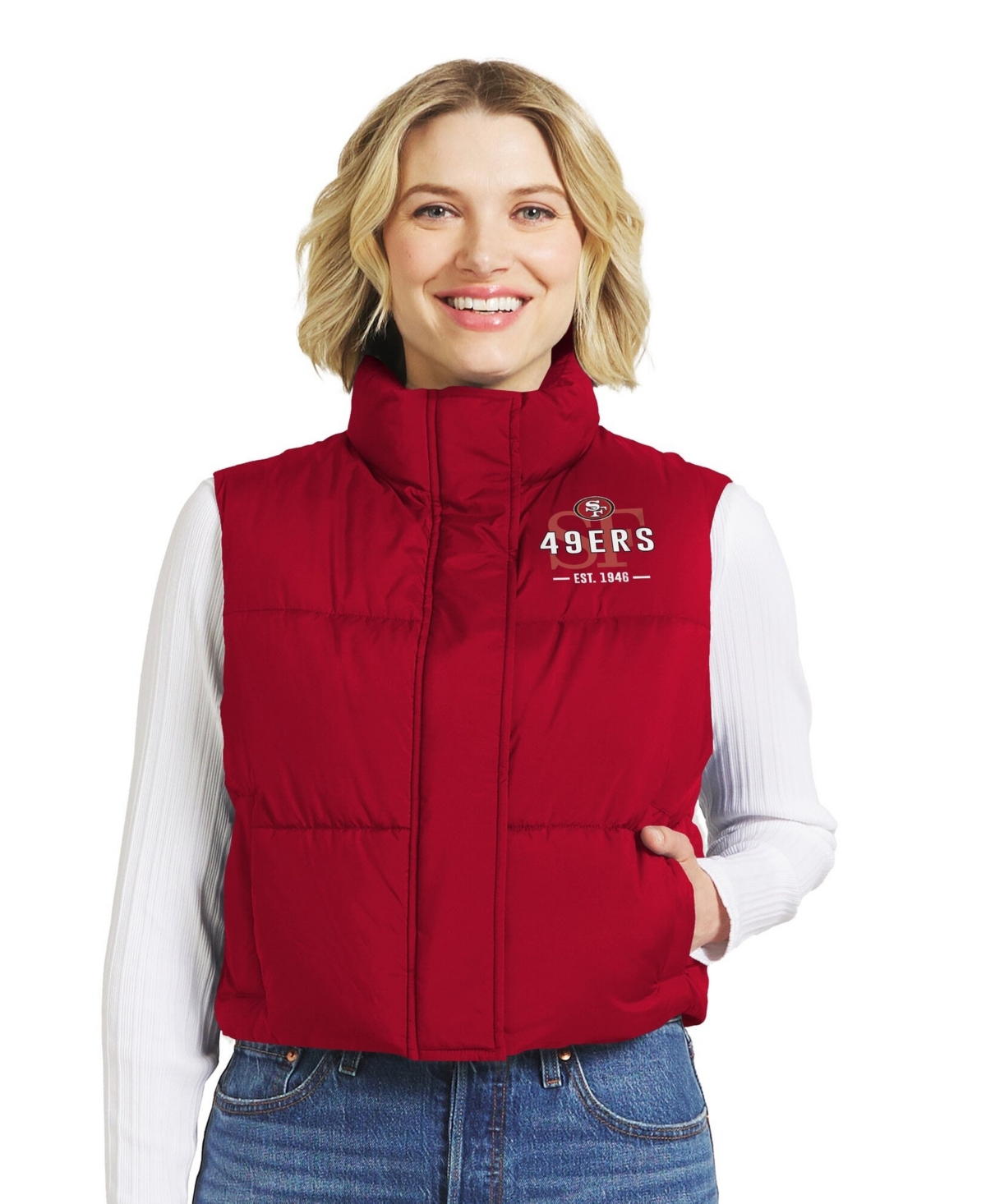 Wear by Erin Andrews Women's Scarlet San Francisco 49ers Cropped Puffer Full-Zip Vest - Scarlet