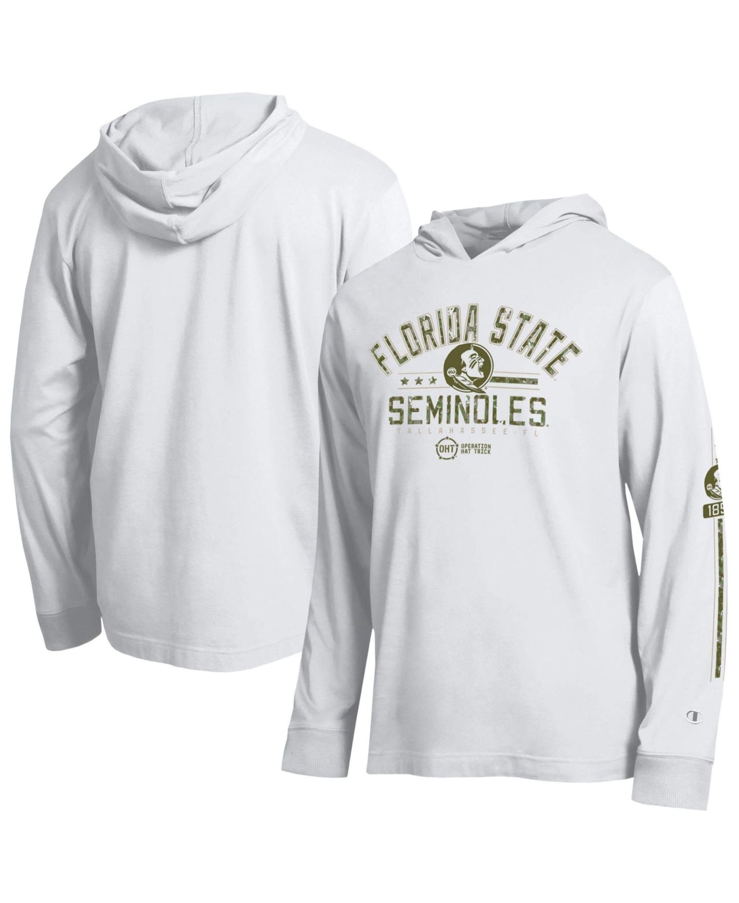 Мужская футболка Champion White Florida State Seminoles Operation Hat Trick Sleeve Line Hooded Long-Sleeve — фото 1