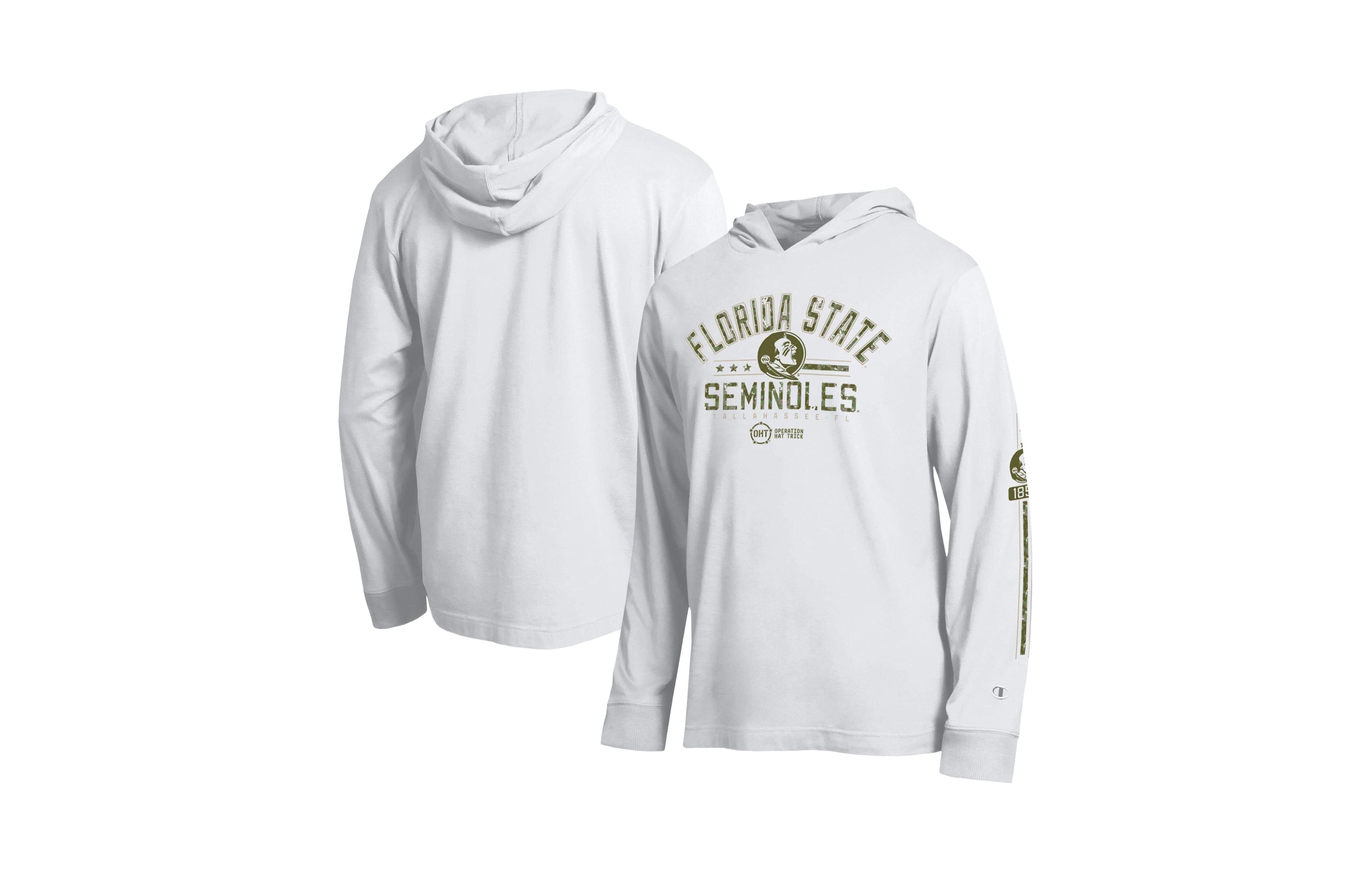 Champion Men's White Florida State Seminoles Operation Hat Trick Sleeve Line Hooded Long-Sleeve T-Shirt