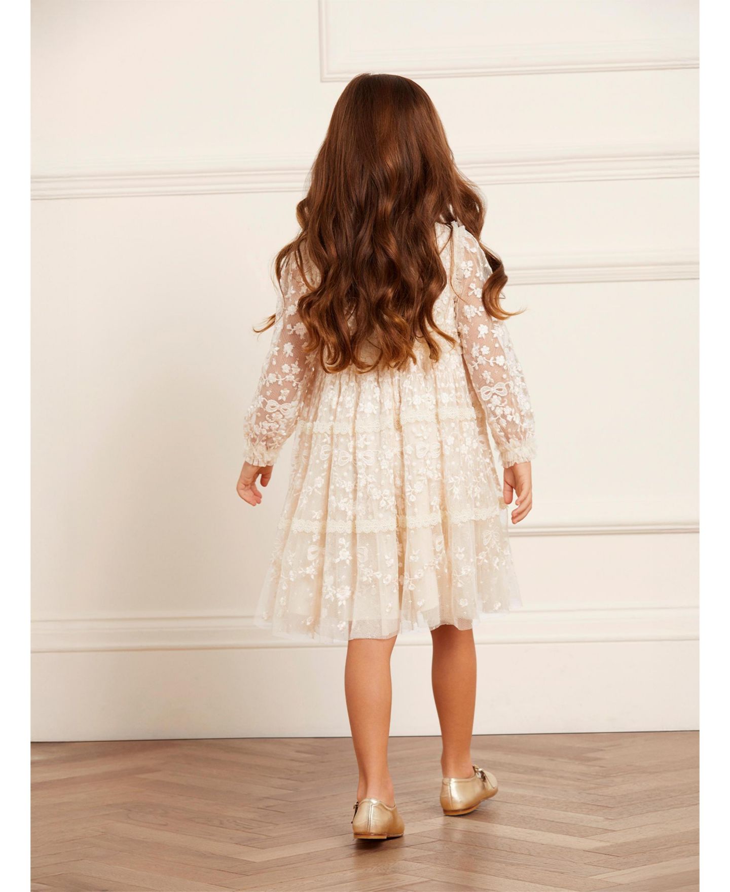 Платье Needle & Thread Celestia Ribbon Floral Embroidery Fit-Flare Long-Sleeve для девочек, цвет: Шампань — фото 3