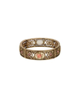 Gold-Tone Rose Decal Ivory Stretch Bracelet