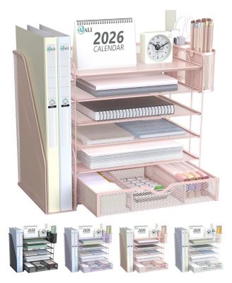 4 Tier Desk File Organizer With Sliding Drawer And 2 Pen Holders