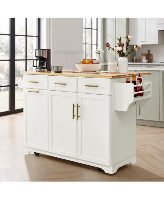 47.2" Rolling Kitchen Island with Trash Storage, Drop Leaf and Power Outlet