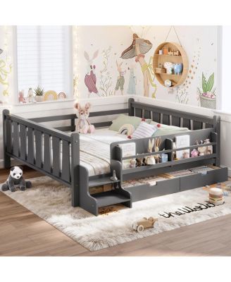 Queen Size Solid Wood Kids Floor Bed with Storage and Guardrails