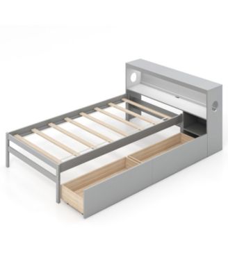 Twin Bed Frame with Bookcase Headboard, LED Light and Drawers