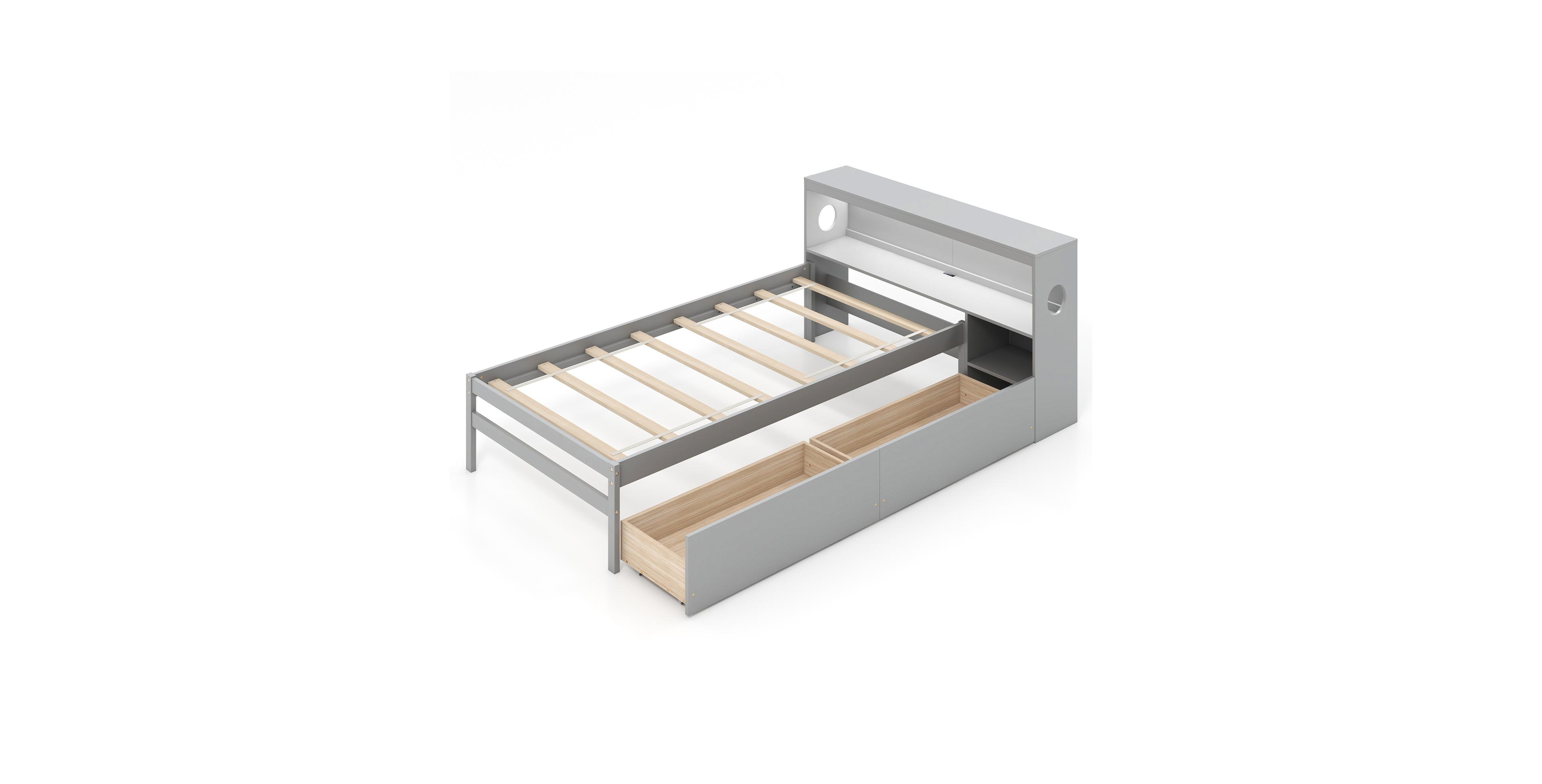 Mecale Twin Bed Frame with Bookcase Headboard, Led Light and Drawers