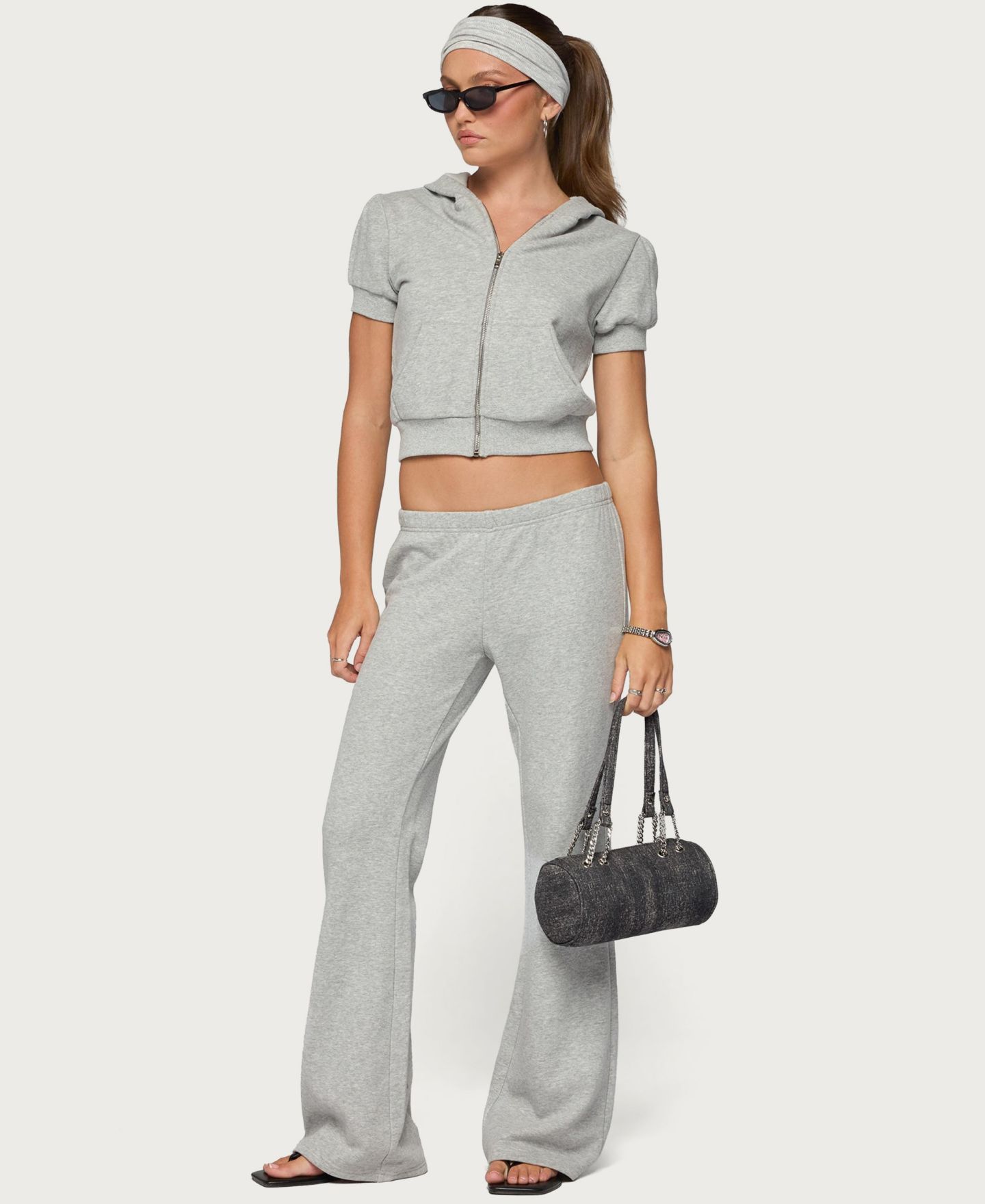 Женский топ Edikted Rachel Short-Sleeve Hooded Cropped, цвет: Серый меланжевый — фото 5