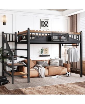 Full Size Metal Loft Bed with Storage Stairs and Shelves