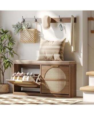Shoe Storage Bench with 2 Flip Drawers and Padded Seat Cushion