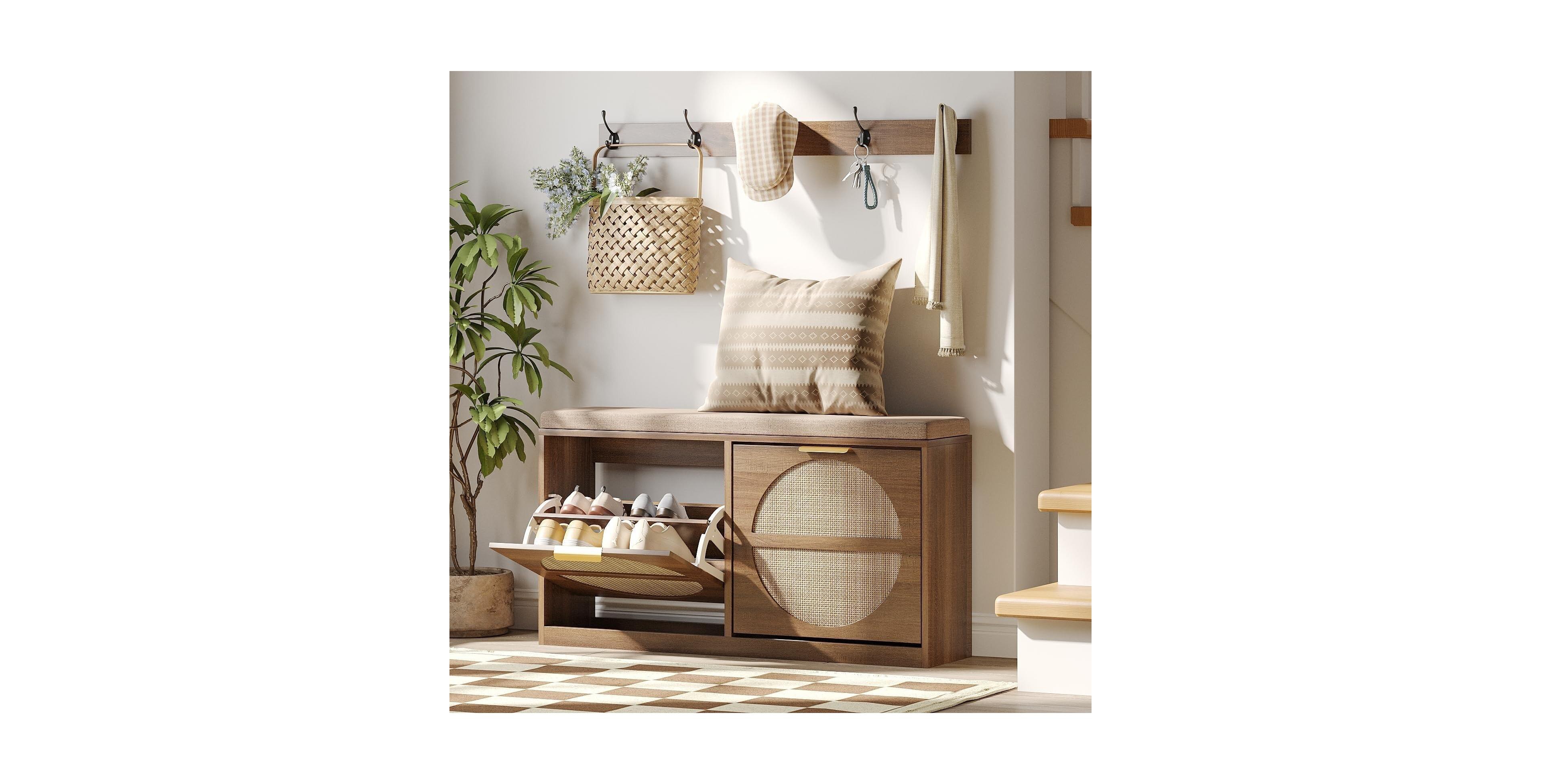 Vabches Shoe Storage Bench with 2 Flip Drawers and Padded Seat Cushion