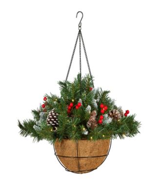 20" Frosted Berry Hanging Basket With Cones, Berries & 50 LED Battery-Operated Lights With Timer 