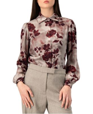 Women's Floral-Print Long-Sleeve Satin Button-Up Blouse