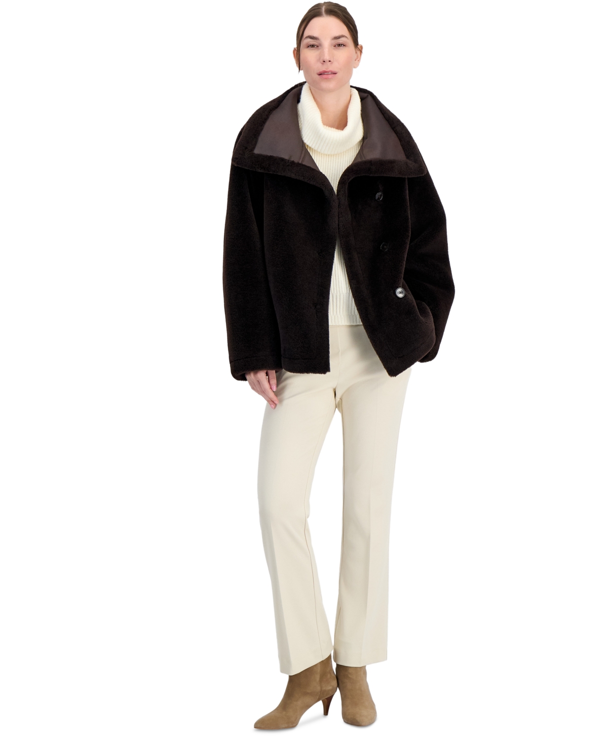 Calvin Klein Petite Funnel Neck Button-Front Faux Fur Jacket, Created for Macy's - Black Coffee