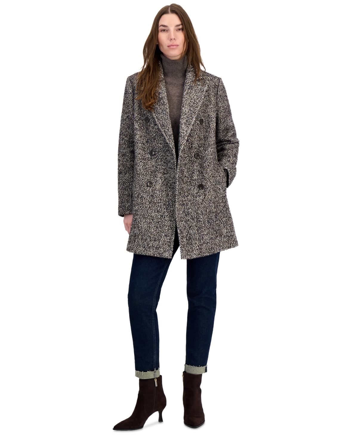 Calvin Klein Petite Notch Collar Double Breasted Peacoat, Created for Macy's - Multicolor Herringbone