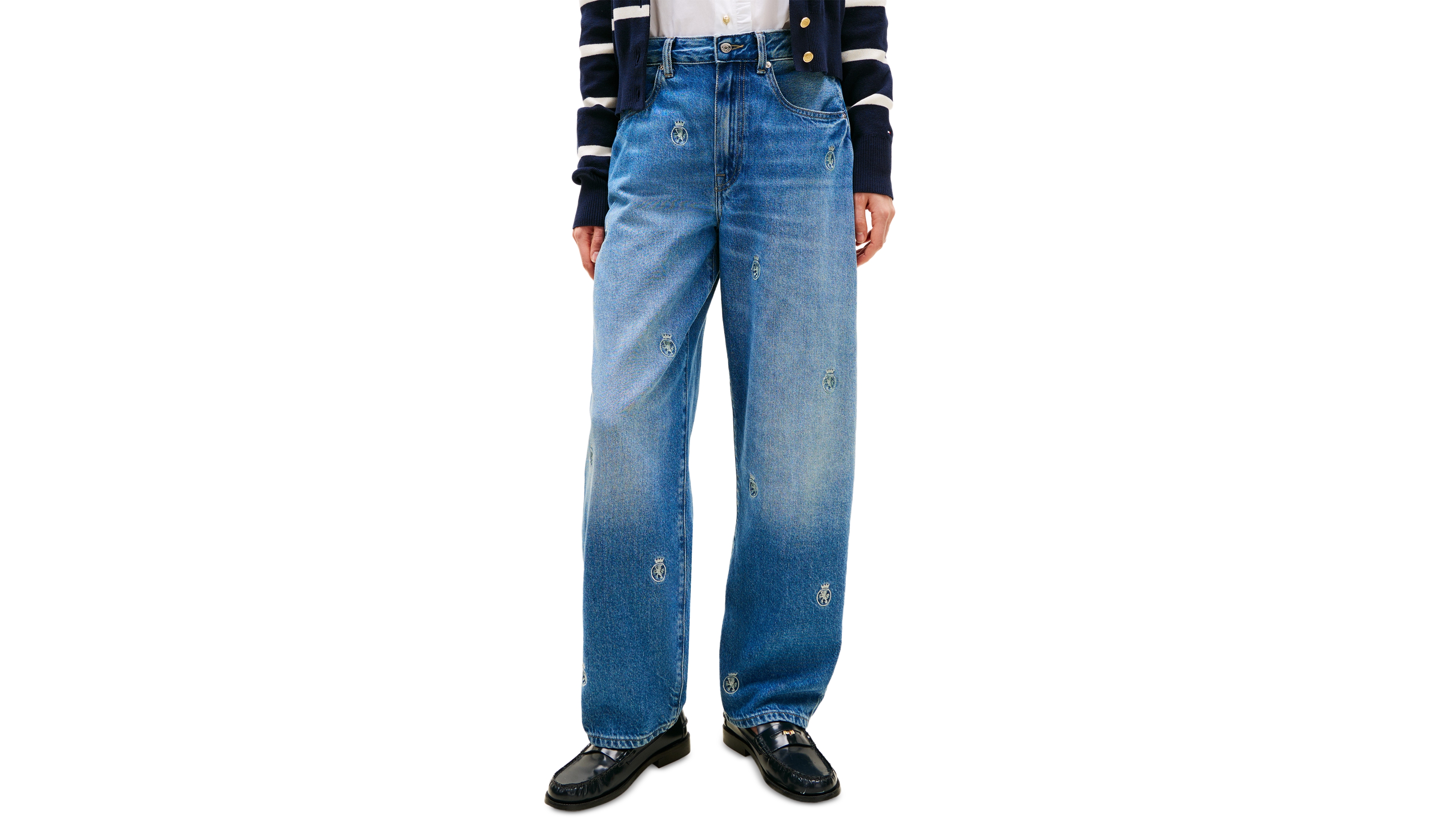 Tommy Hilfiger Women's All-Over Crest Wide Leg Barrel Jeans