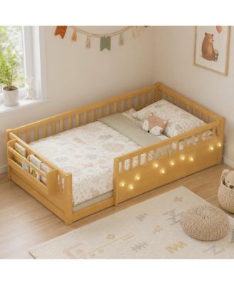 Twin Montessori Floor Bed with Guardrails, Light String and Bookshelf