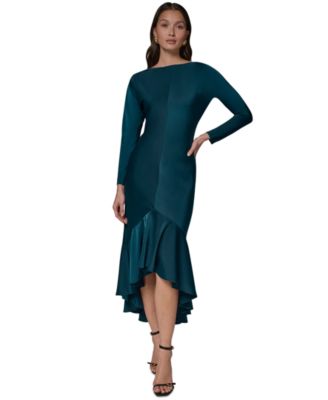 Women's Long-Sleeve Satin High-Low Flounce Hem Dress