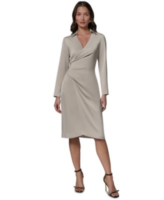 Women's Long-Sleeve Satin Collared V-Neck Midi Wrap Dress
