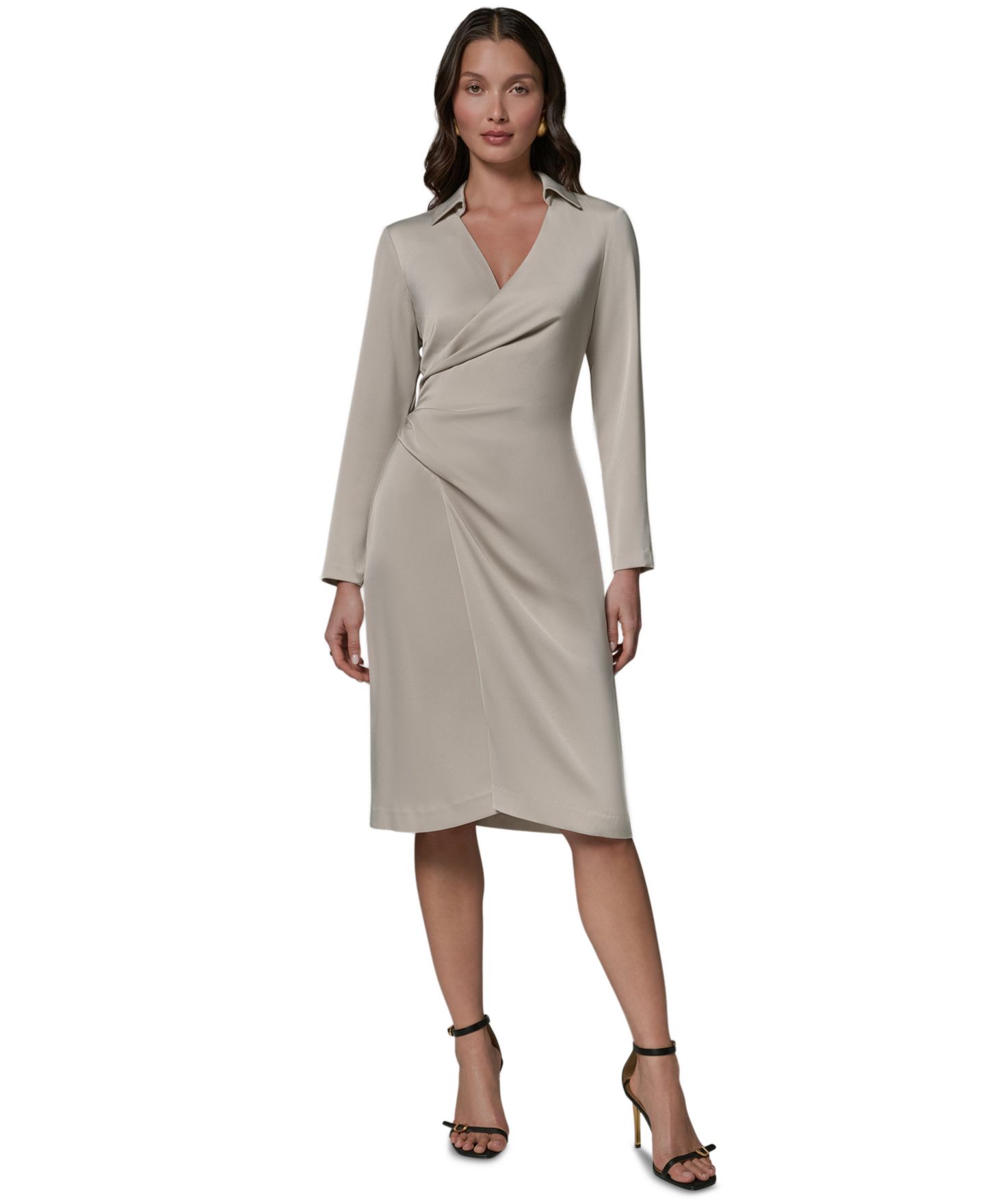 Женское платье Donna Karan New York Long-Sleeve Satin Collared V-Neck Midi Wrap, цвет: Серый — фото 1