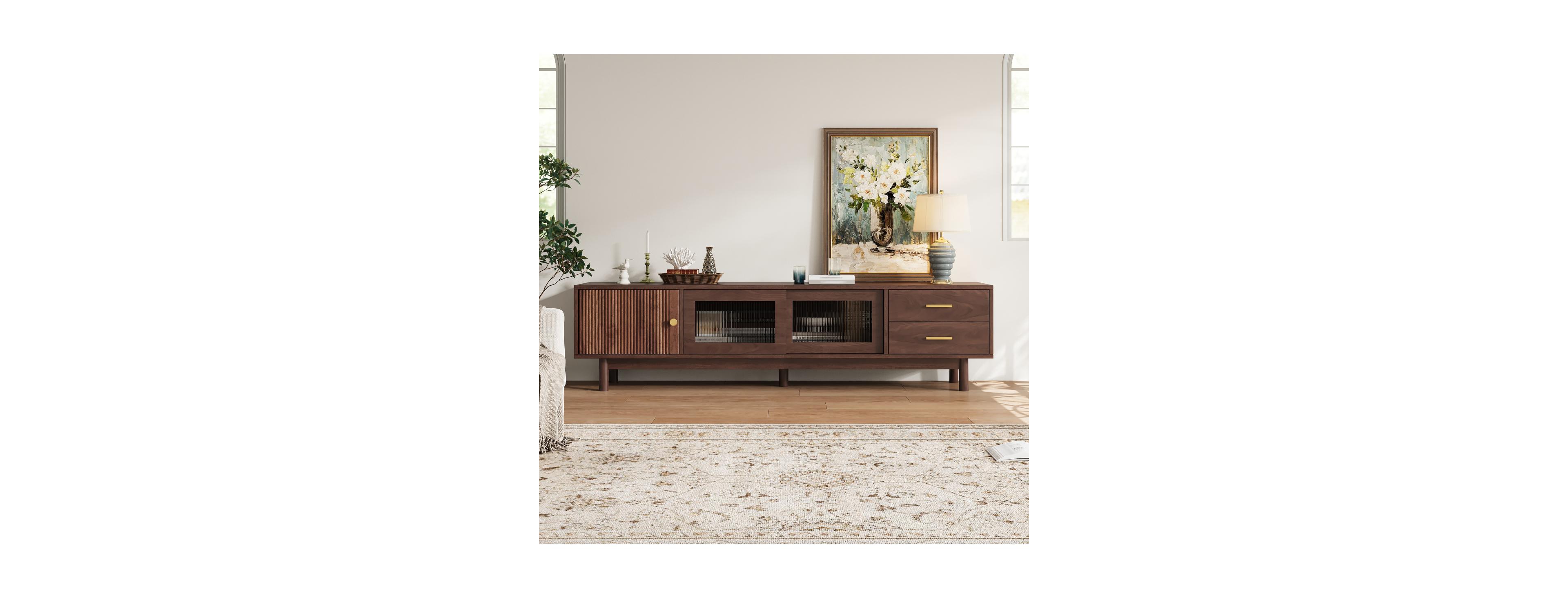 Streamdale Furniture 70inches Mid Century Modern Tv Stand with Glass Doors and 2 Drawers for 80inches TVs