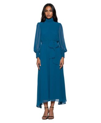 Women's Thiago A-Line Maxi Sheer Blouson Sleeves Mock Neck Dress