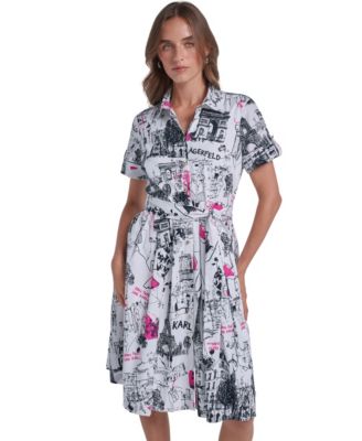 Women's Printed Poplin Short-Sleeve Midi Shirt Dress