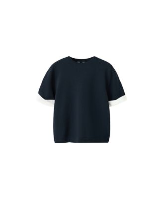 Women's Striped Mixed-Material Short-Sleeve Crewneck Sweater