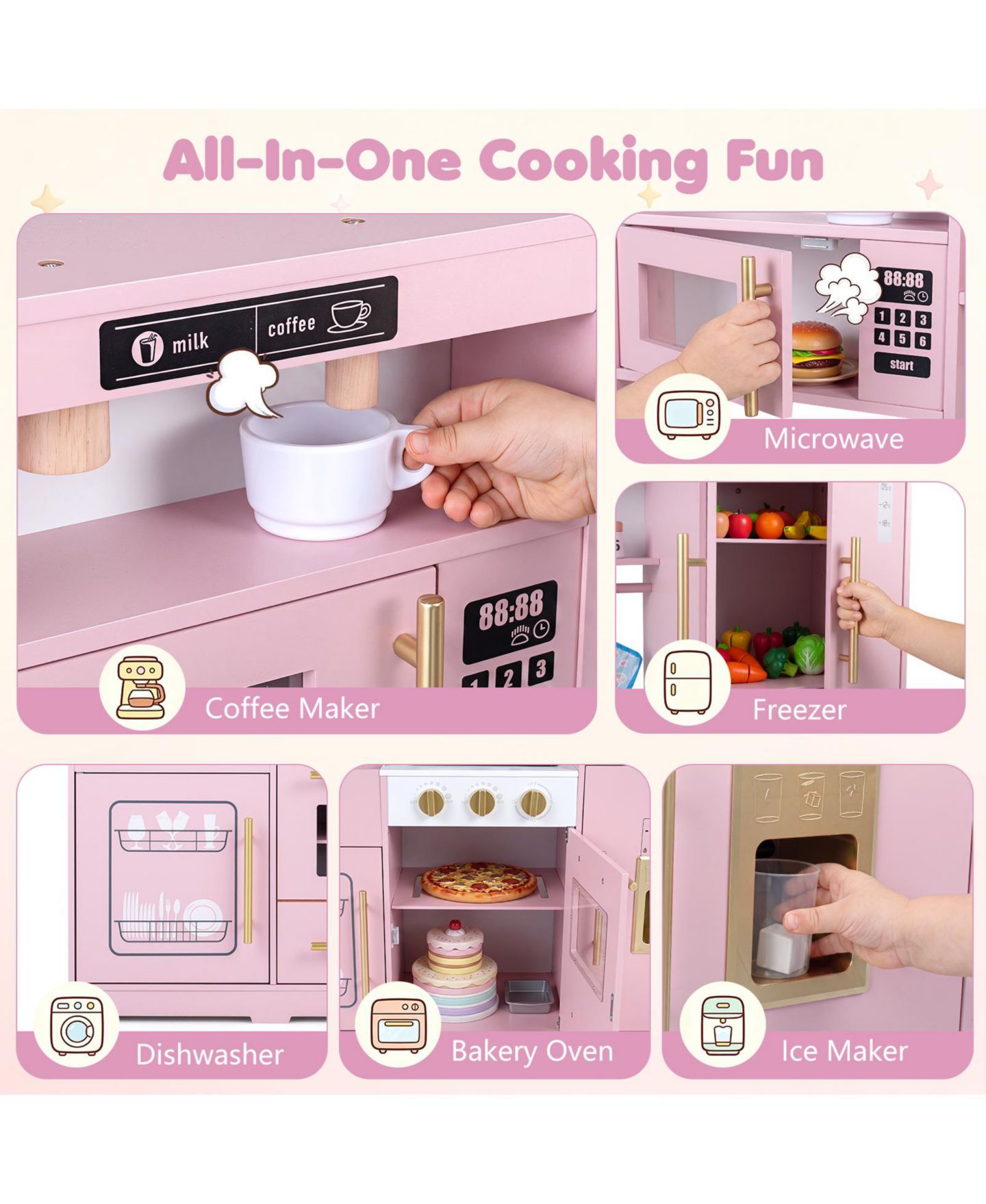 Детская игрушка Costway Wooden Play Kitchen with Realistic Lights and Sounds, от 3 лет, цвет: Розовый — фото 7