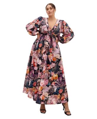 Plus Size Sheer Bloom Print V-Neck Tie-Front Maxi Dress