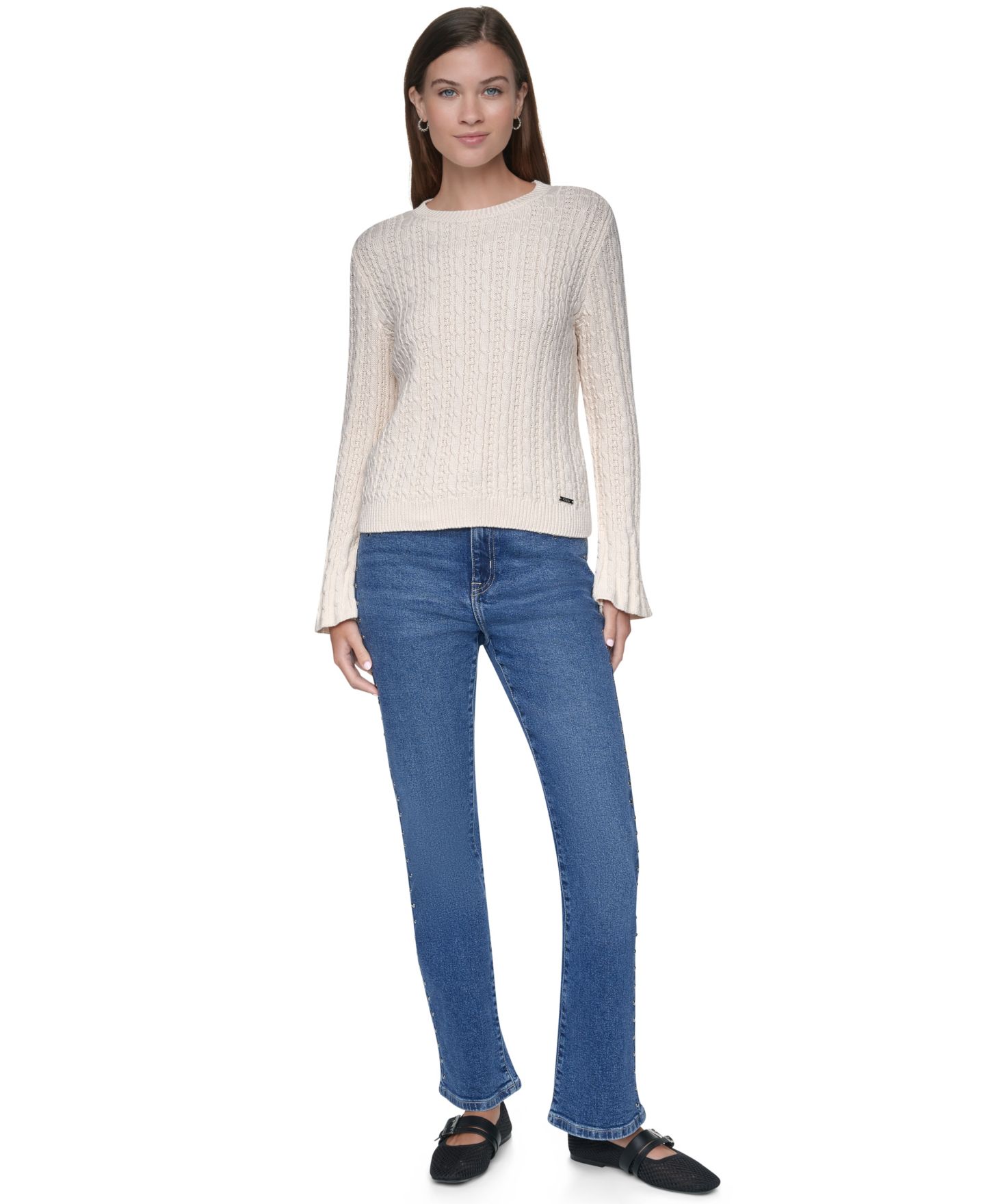 Женский свитер DKNY Jeans Petite Cable-Knit Ruffled-Cuff, цвет: Сливочный — фото 2