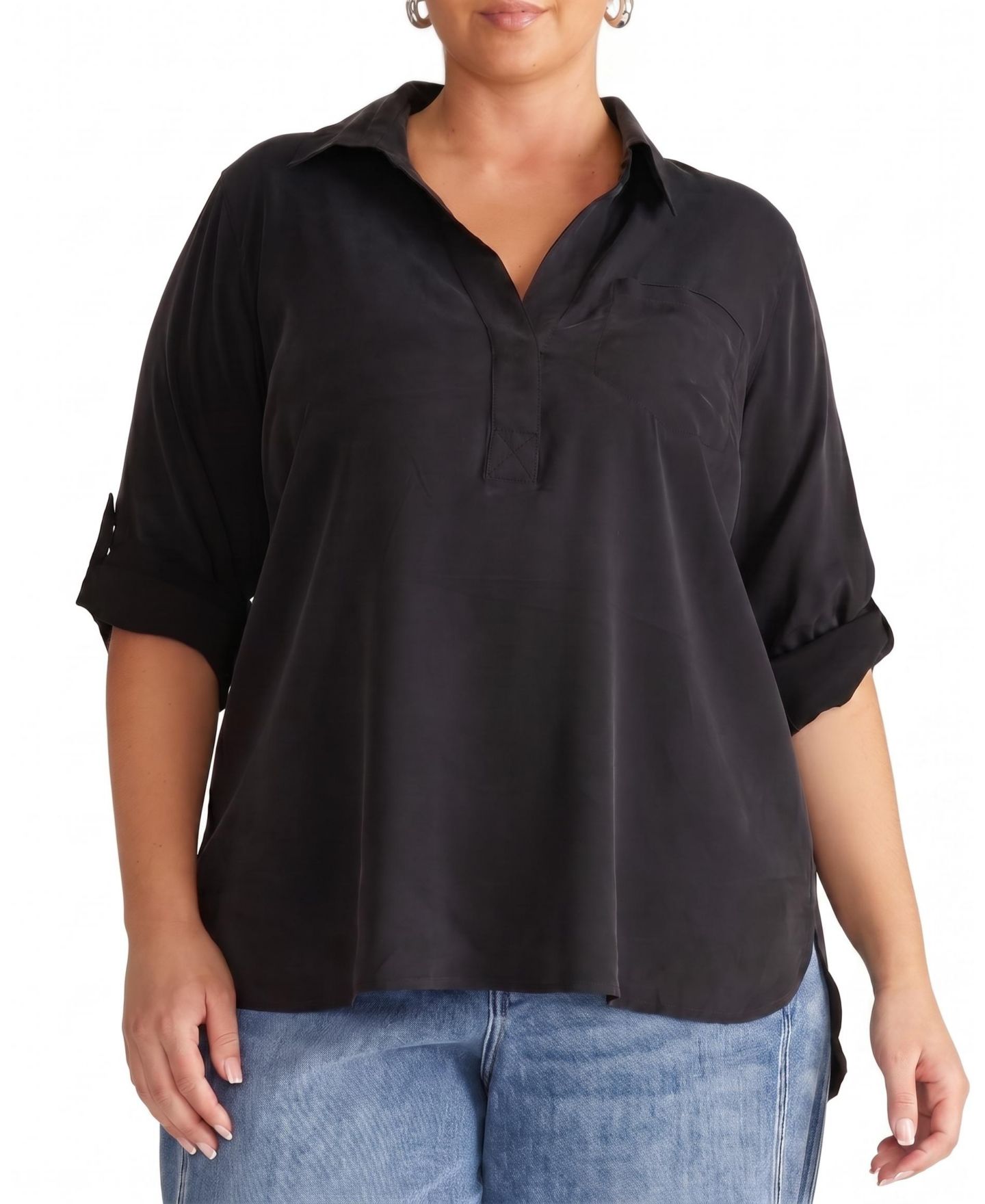 Женское поло Universal Standard Plus Size Cupro-Blend Long-Sleeve Split V-Neck High-Low Polo, цвет: Чёрный — фото 1